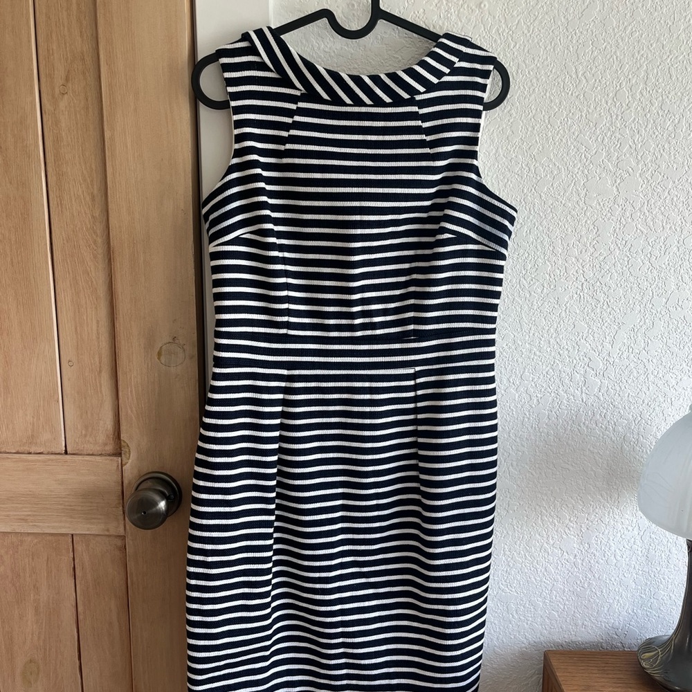 Boden White and Blue Sheath Midi Dress with Sailor Collar